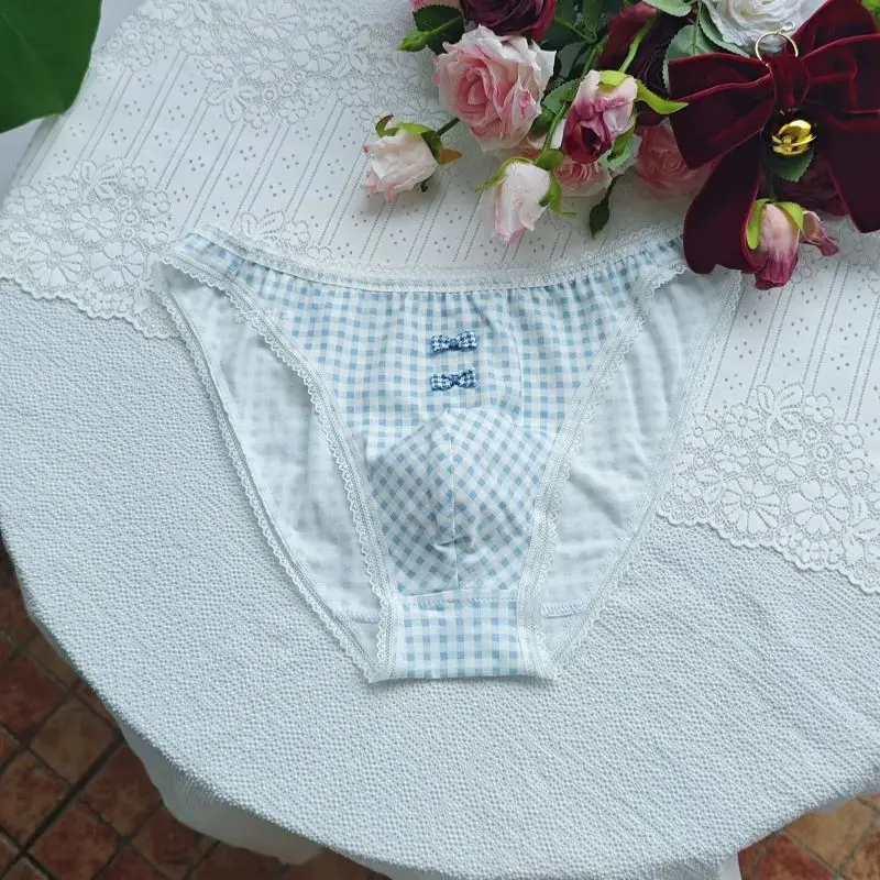 Men's Briefs Lolita Style Plus Size Lingerie Low-rise Pure Cotton Sweet Plaid Panties Sissy Cute Bow Breathable Cosplay Panty