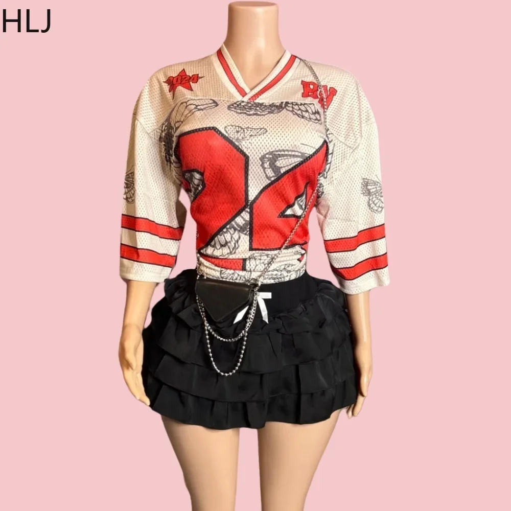 HLJ&GG Sweet Bow Ruched Skirts Two Piece Sets Women Letter Print Basketaball Tshirt And Skirts Outfits Fashion Y2K Streetwear