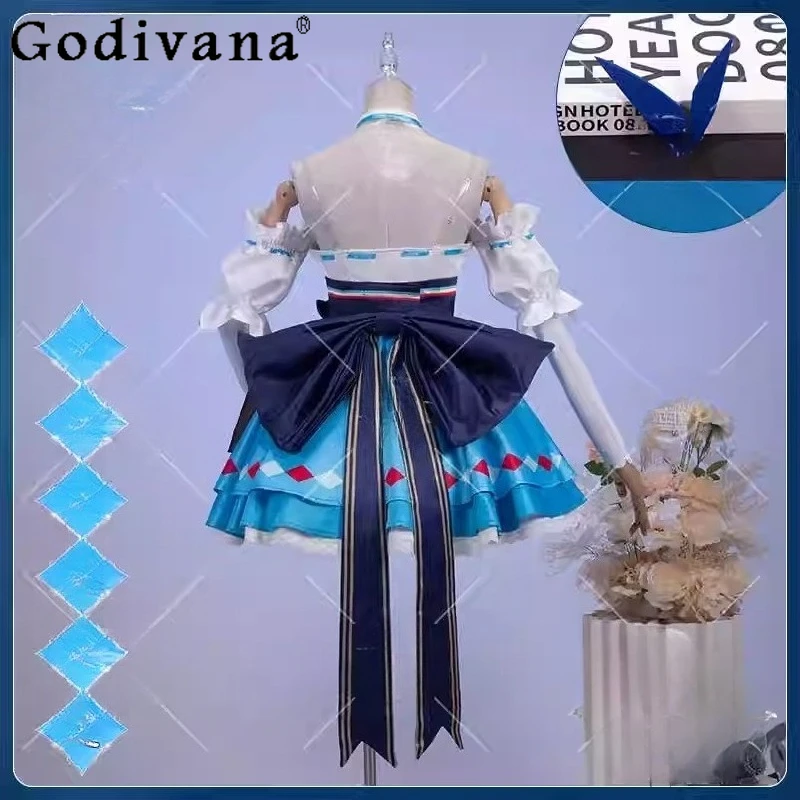 Abito adorabile cosplay per costume da donna, costume da festa di Halloween, set completo da gioco per festival con design a fiocco bianco blu