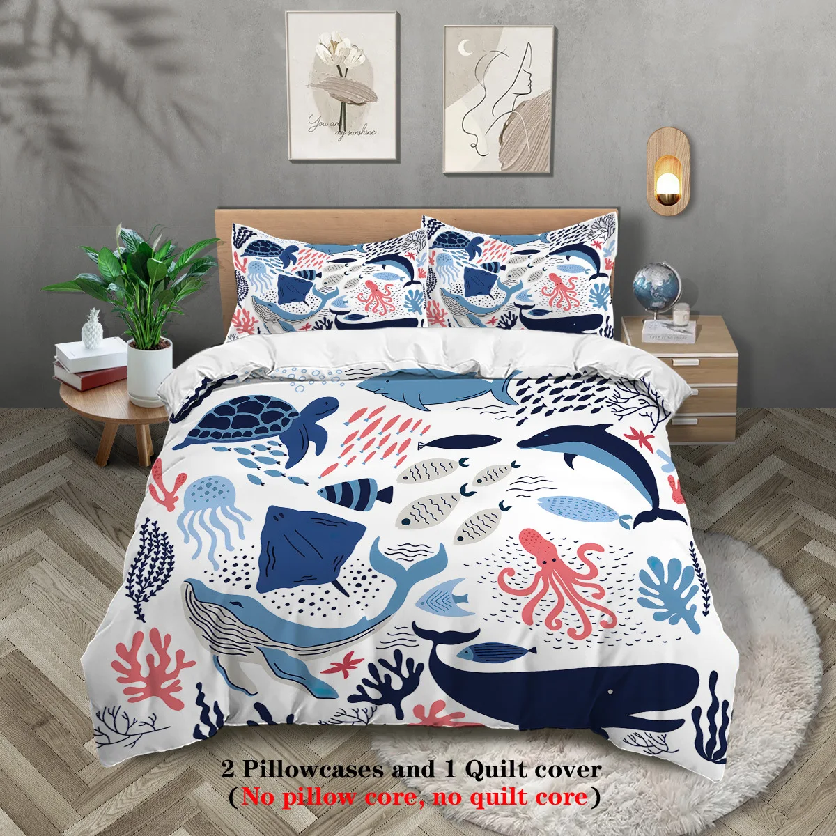 Cartoon Whale Dolphin Sea Life Duvet Cover Set 3Pcs Kids Bedding Set with Pillowcases Ocean Theme Bed Cover Soft Bed Linen