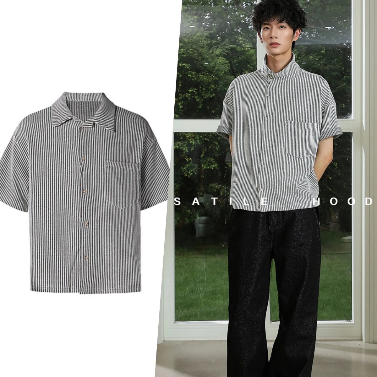 Dongdaemun high-quality clothing 2026 Male shirts Slant collar shirt Roman striped short sleeved lazy