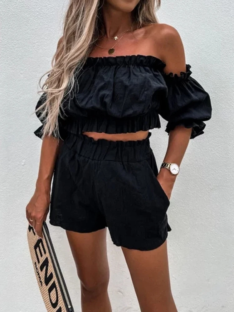 Sexy Off Shoulder Chest Shirt And Short Sets Casual Ruffles Crop Top Two Piece Set White Summer Outfits For Women 2023