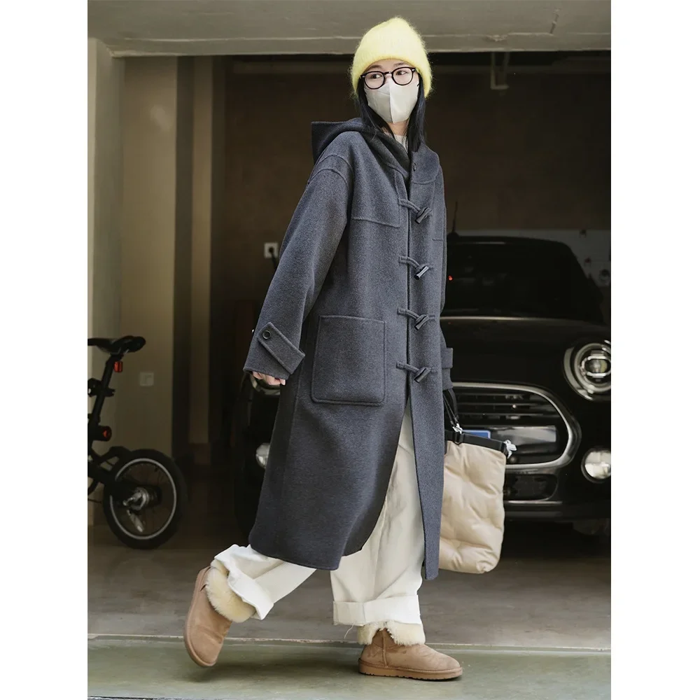 

Winter new Korean retro horn buckle double-sided woolen coat wool loose silhouette casual long coat women's thick