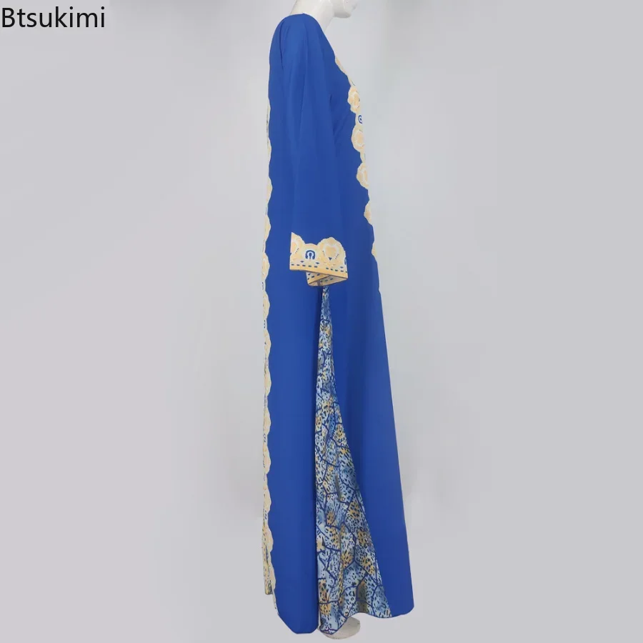 Vestido Maxi Muçulmano Feminino, Manga Completa, Colarinho Quadrado, Impressão do Oriente Médio, Abayas Elegante, Turquia, Vestidos Femininos