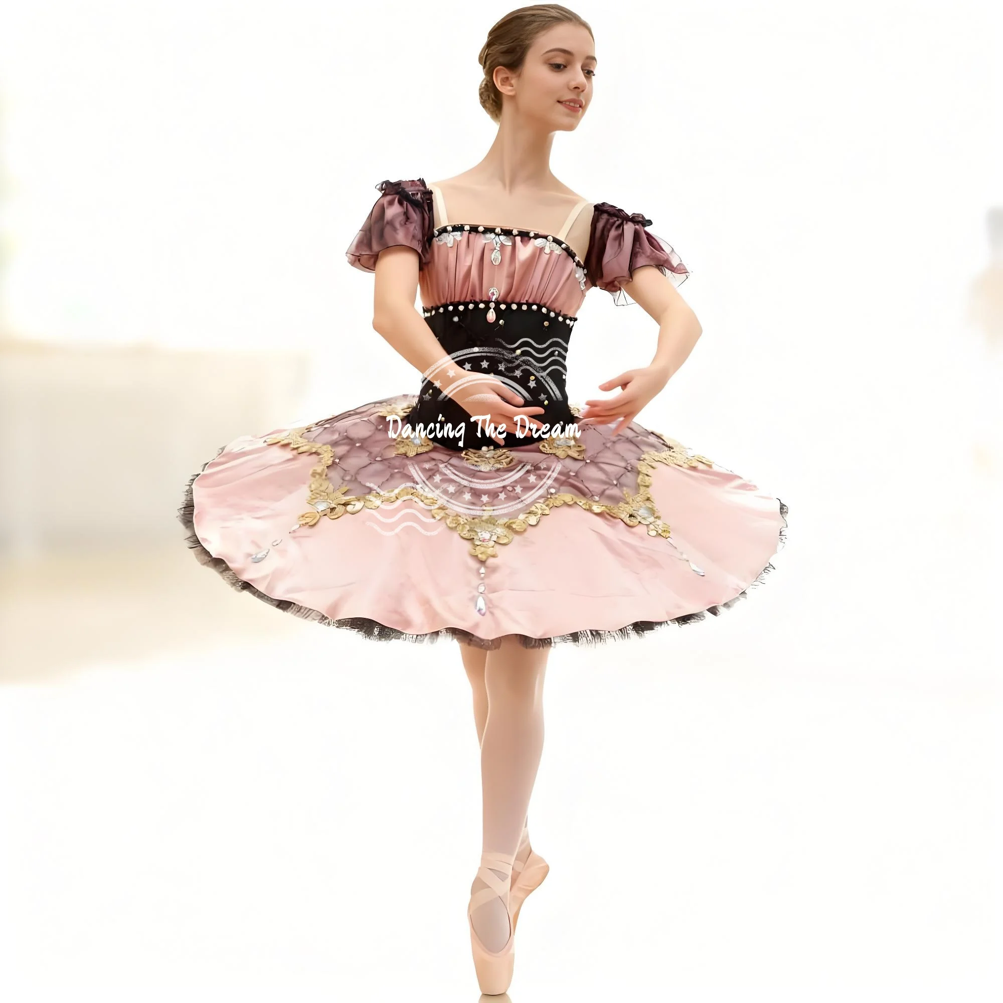 

Pink & Black Ballet Tutu Dress with Gold Embellishments Elegant Pink - Black Tutu Dress with Sparkling Gold Embellishments