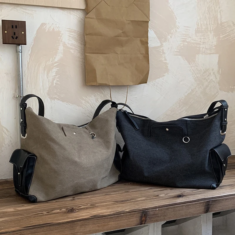 Women Canvas Shoulder Pack Fall Winter Large Capacity Commuter Tote Bags Retro Contrast Color Casual Daily Work Handbags
