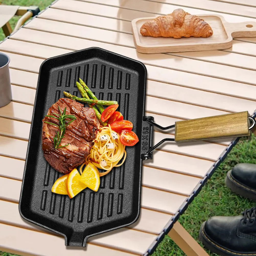 

34X19cm Cast Iron Grill Pan Rectangular Skillet with Handle for Induction Cooker for Outdoor Hiking Picnic Cooking