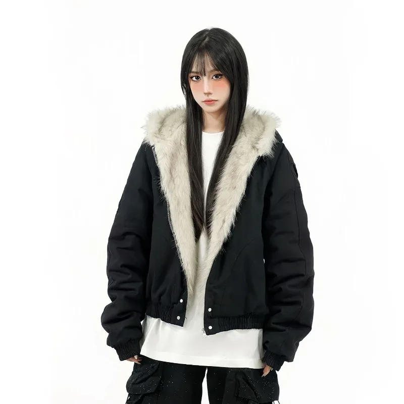 

American Vintage Style Fur Collar Loose Coat Women Elegant Fashion Hood Thick Jacket Winter Casual Y2k Harajuku Outwear New
