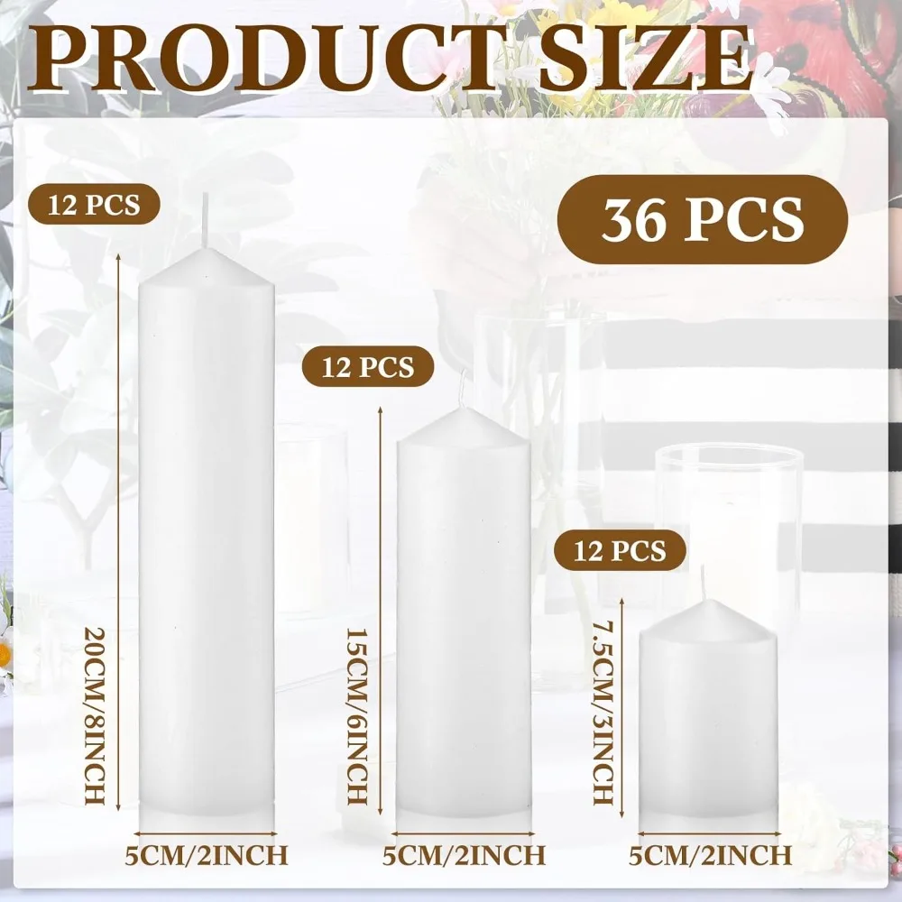 

36 Pcs Pillar Candles Bulk Set of 3 Long Burning Wax Pillar Candles 2 in x 3, 6, 8 Inch Dripless Unscented Smokeless