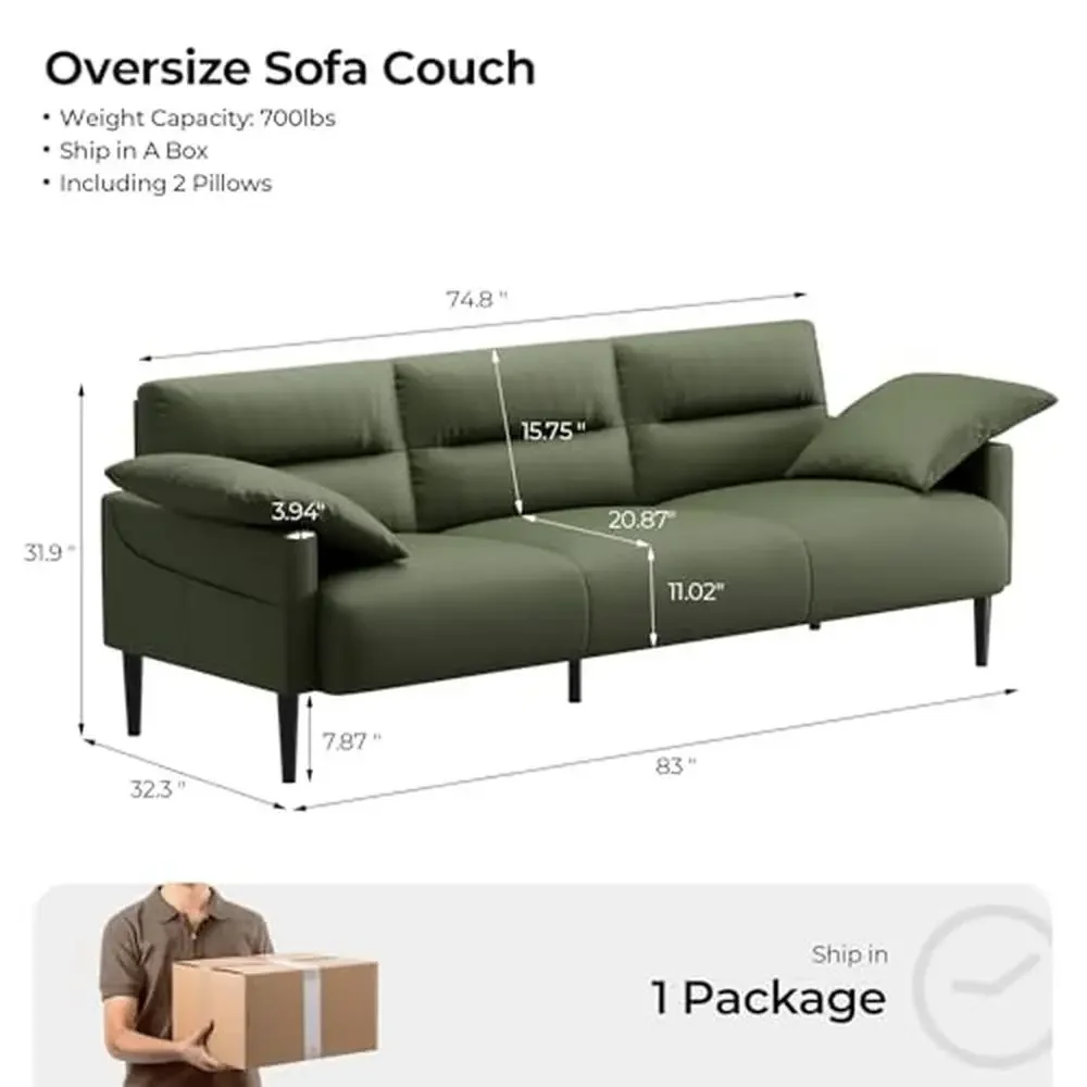 Modern Faux Leather 3 Seater Sofa with Deep Seats 2 Pillows Easy Assembly Olive Green