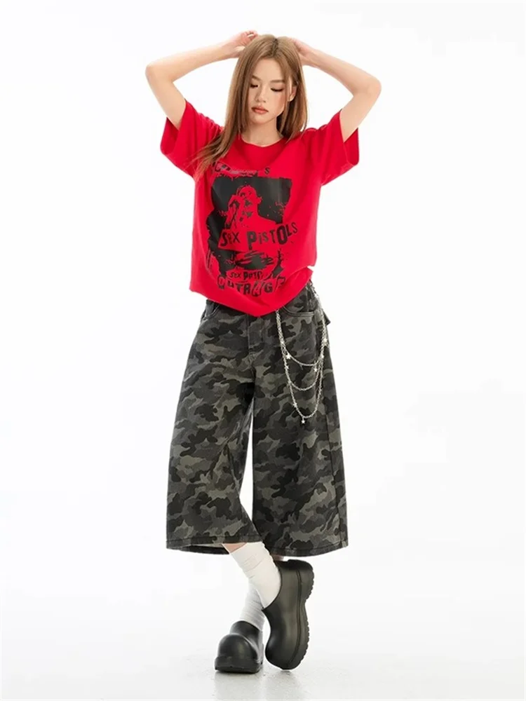 

plus Size American High Street Workwear Wide Leg Camouflage Jeans Women Spring Loose Lazy Seven Straight Leg Pants