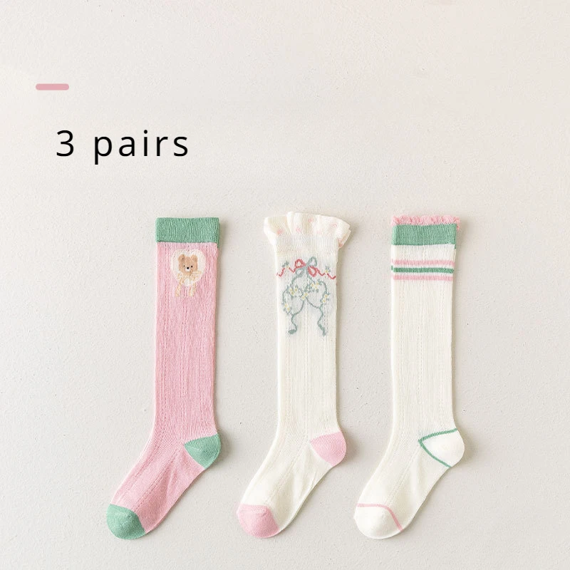 Three Pairs of Girls\' Cartoon Cute Striped Fashion Sports Style Children\'s Comfortable Mesh Breathable Thin Stockings