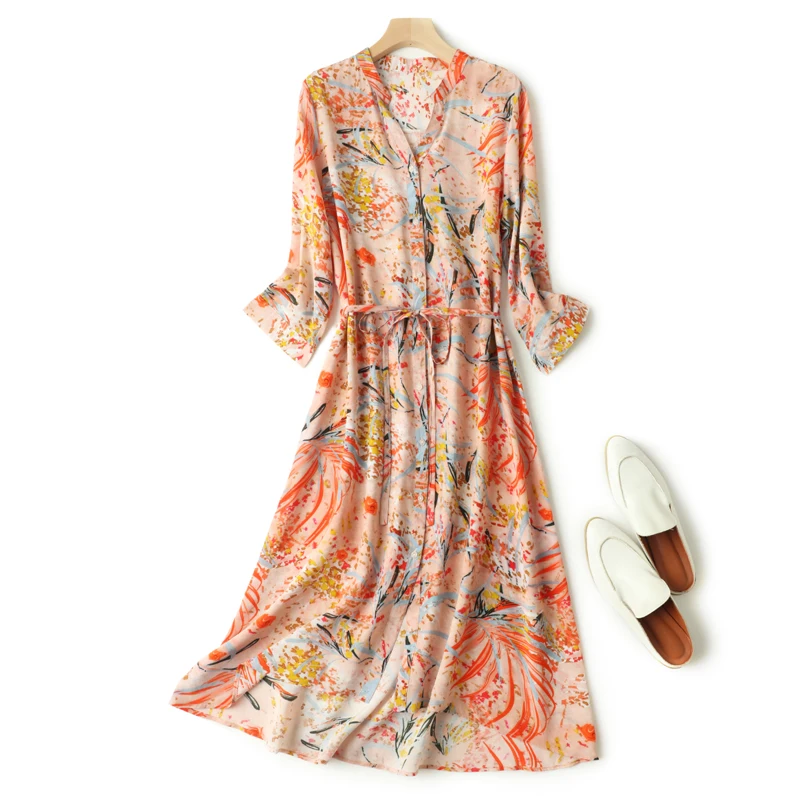 

Women 100% Mulberry Silk Crepe Silk Beige Floral Printed Shirt Dress Half Sleeve Split Neck with Belt Midi Dress L XL FF011