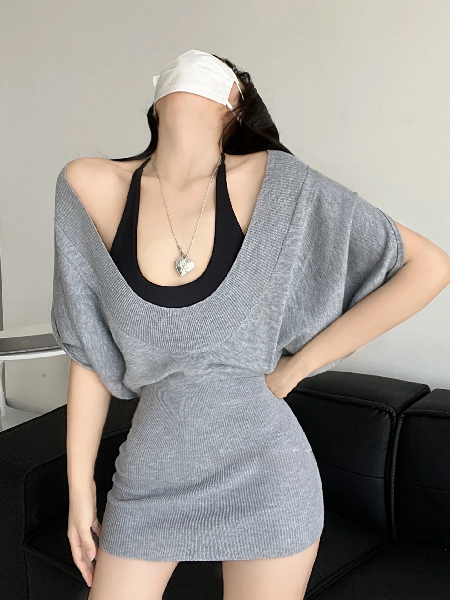 

Slim Fit Batwing Sve Knitted Dr Women's Summer New Design Waist Cinching Slimming Bodycon Skirt Commute Sle Pure Color