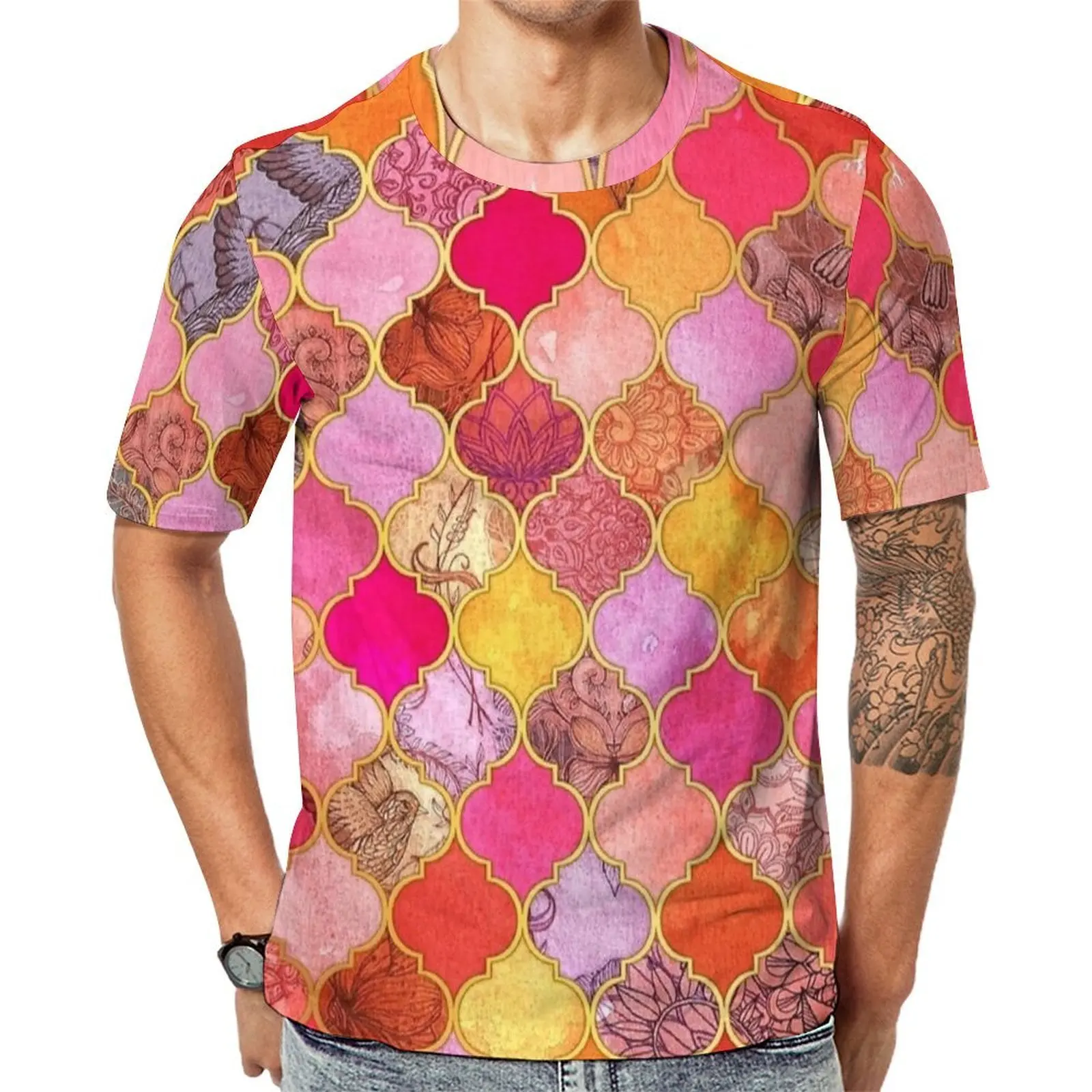 Premium T-Shirt Magenta Orange Gold Moroccan Tile T Shirts Street Style Fashion Tees MensShort Sleeve Design Oversize Clothes