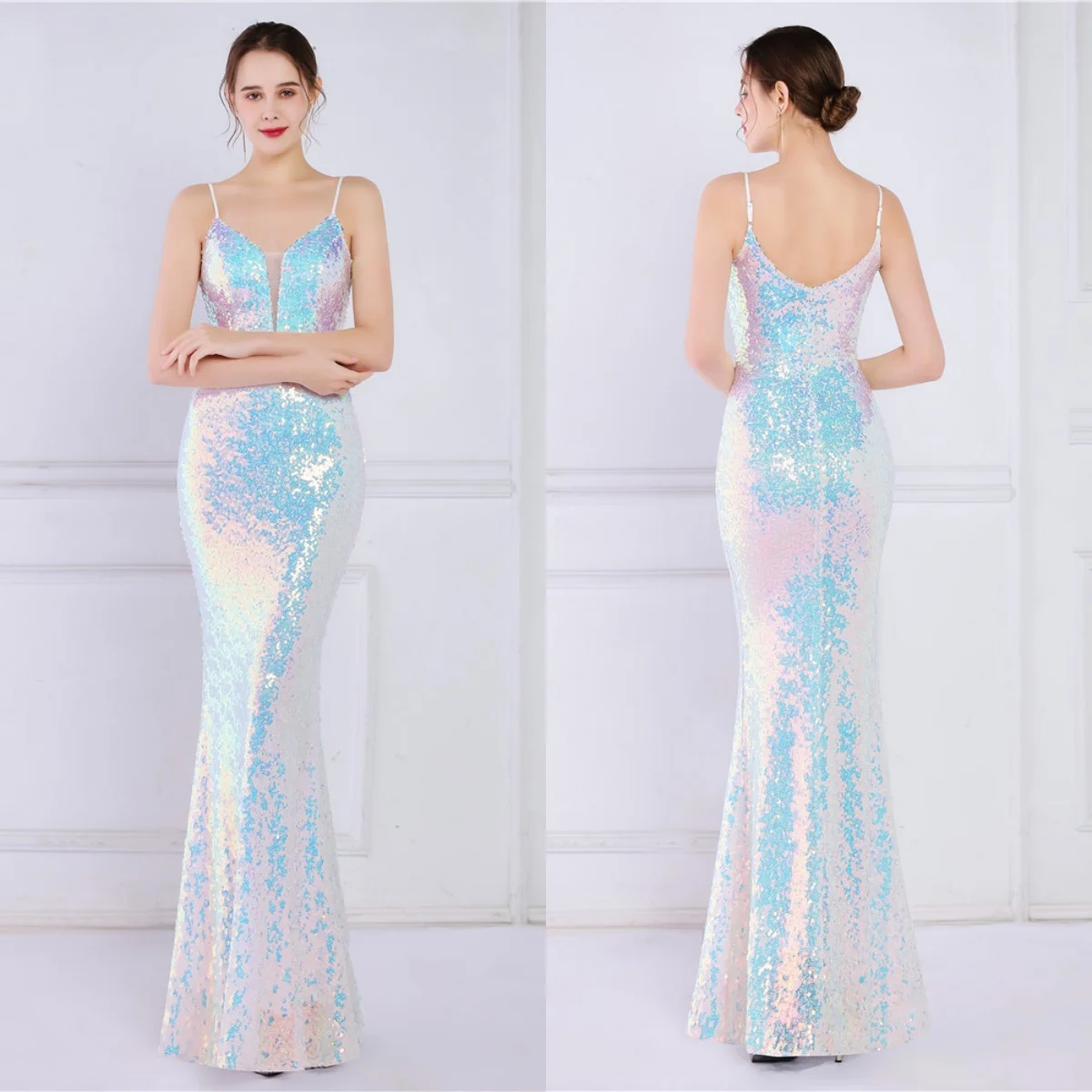 

Evening Dresses White Sequins Spaghetti Straps Zipper Back Mermaid Trumpet Floor Length Simple Women Party Formal Gowns YE189