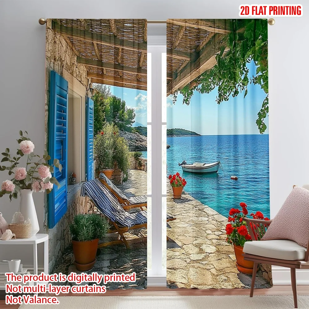 2pcs 2D flat printing Curtains Bright Mediterranean landscape with red flowers and blue water Versatile Fabric Without