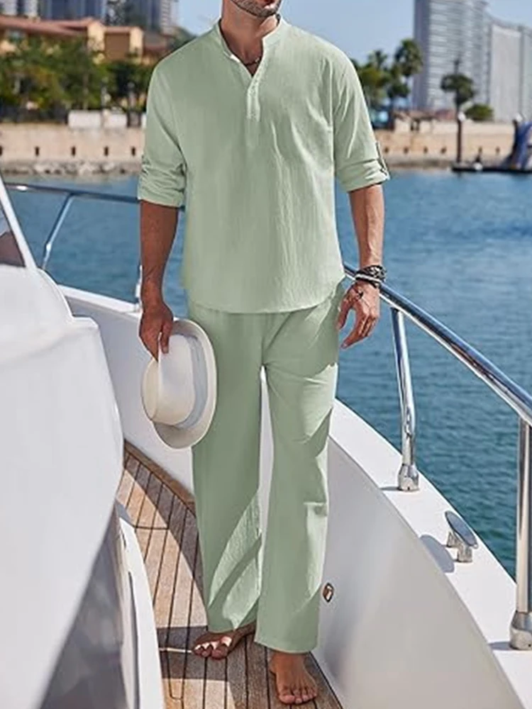 Autumn Long Sleeve Men's Two Piece Sets Casual Stand Collar Tops And Pants Outfits Men Clothing Vintage Solid Color Linen Suits