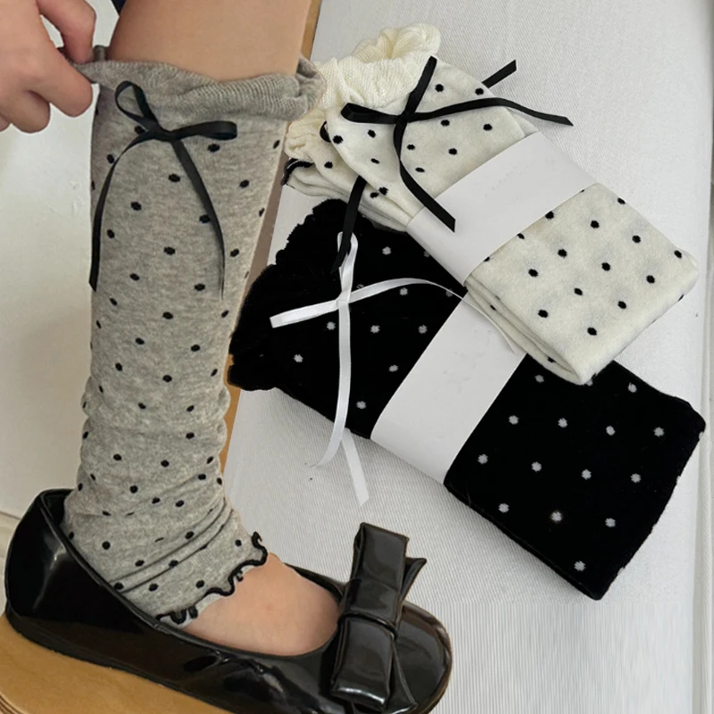Lolita Cotton Leg Warmers Cute Bow Dots Ruffle-edge Socks JK Japanese Y2K Spicy Girls Pile-up Socks with Loose Cuffs Foot Covers
