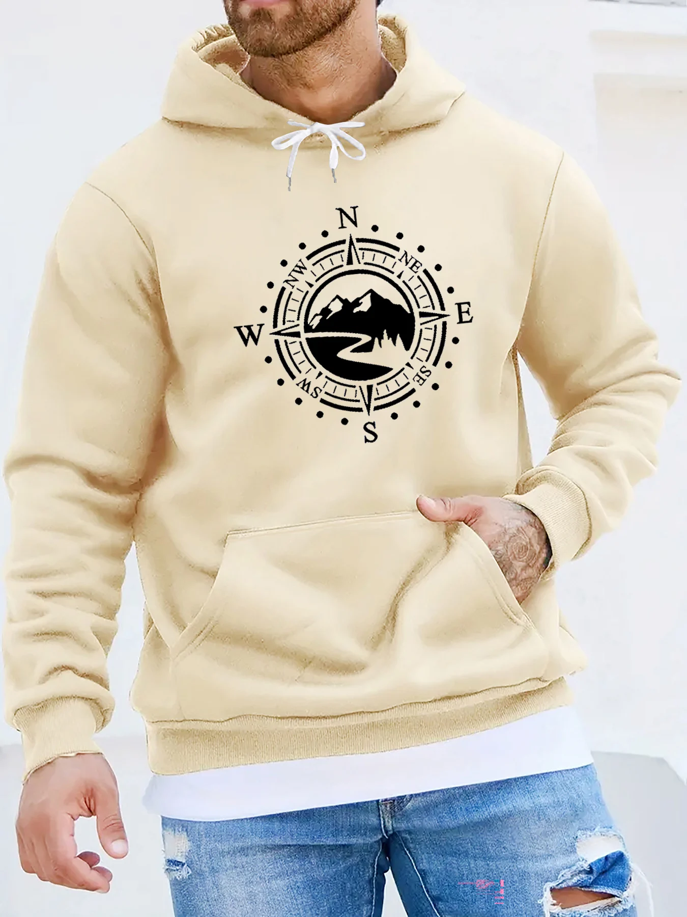 Men's Autumn and Winter Casual Fashionable Loose Hooded Sweatshirt with Mountain and Compass Printed Long Sleeved Warm Pullover