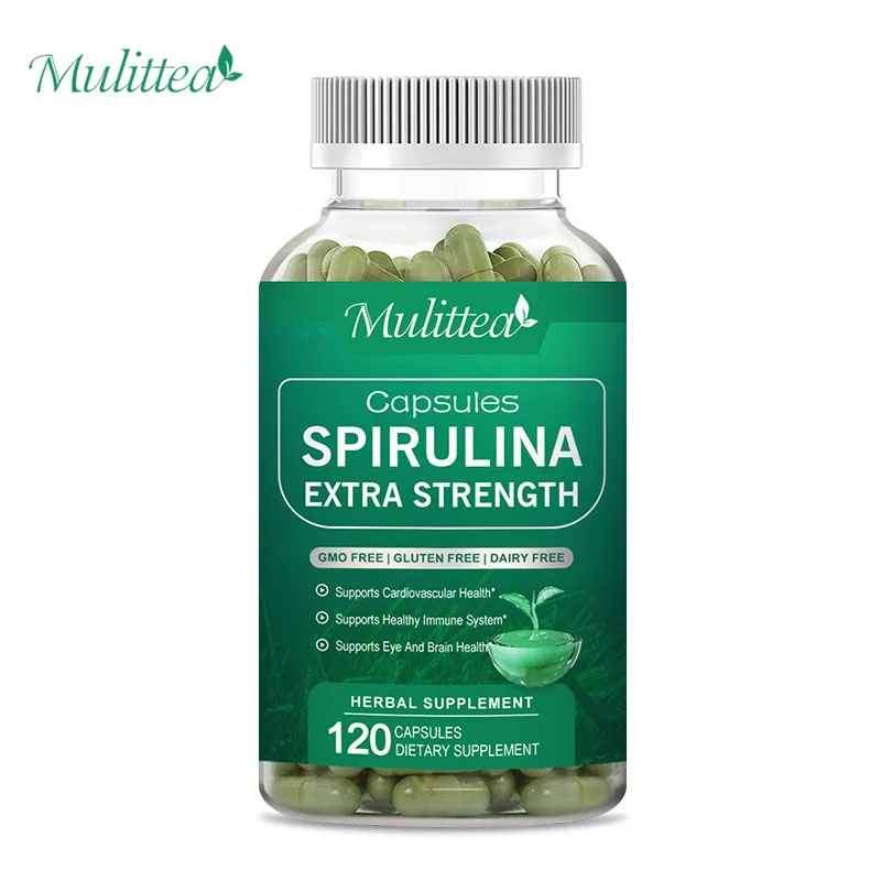 Capsules de spiruline à haute pureté, Mulittea Green Smile Food, Coussins Support, Cardiovasculaire, Eye and Brain Health