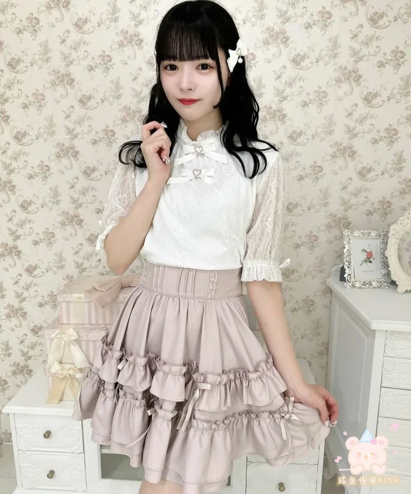 Japanese Summer New Pendant Ribbon Layer Cake Short Skirt Girl Mass- Produced All-Match Sweet Girls Daily High Waist Mini Skirts