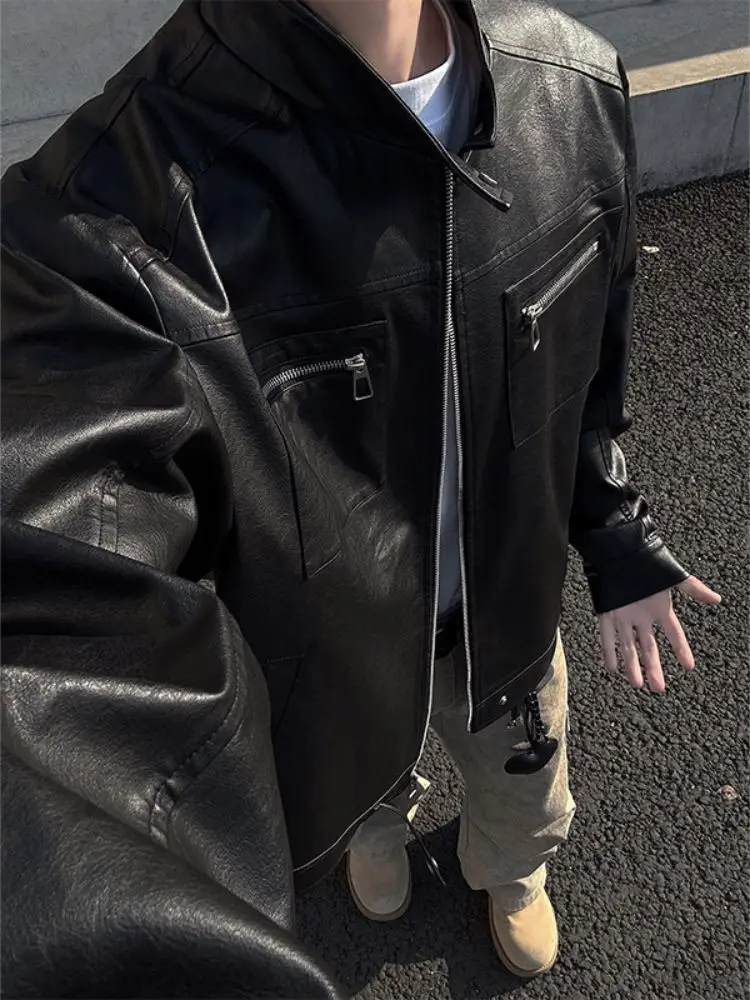 

Cleanfit Men's Leather Jaet Motorcycle Sle Spring Autumn PU Stand Collar Slim Fit Long Sve Zipper Closure Faionable