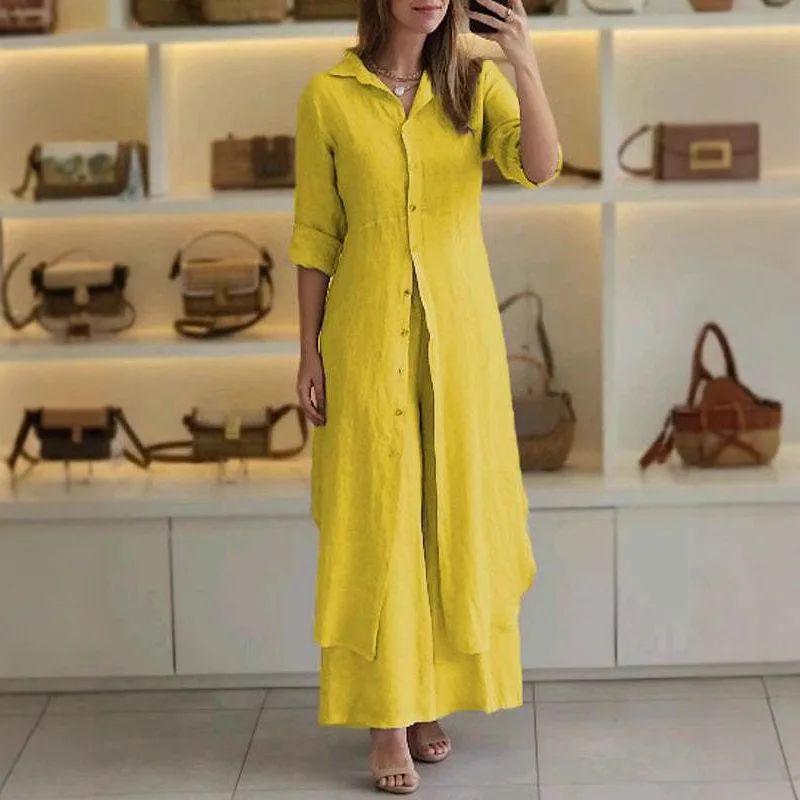 

2025 Women's New Elegant Summer and Autumn Cotton and Hemp Slimming Waist Long Sleeve Shirt Wide Leg Pants Set for Women