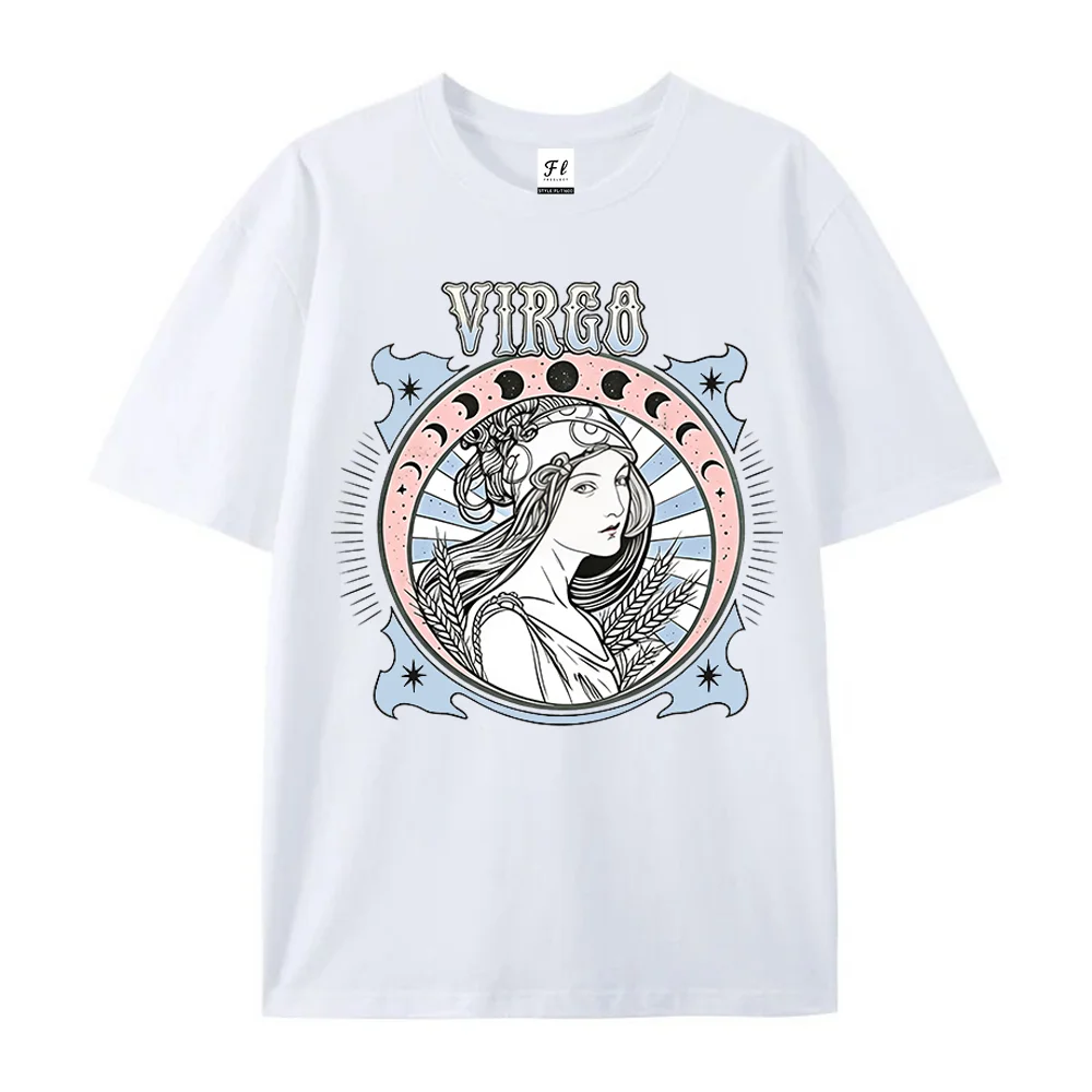 Virgo Zodiac Graphic T‑Shirt Retro Art Nouveau Astrology Moon Phase Print Vintage Casual Short Sleeve Horoscope Streetwear Top