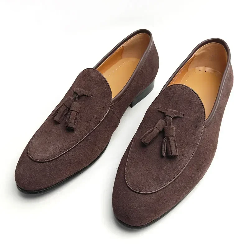 Cow Suede Loafers Casual Shoe Men Business Office Place Handmade High Quality Tassel Retro Slip on Loafer Shoes Men Daily Wear image 2
