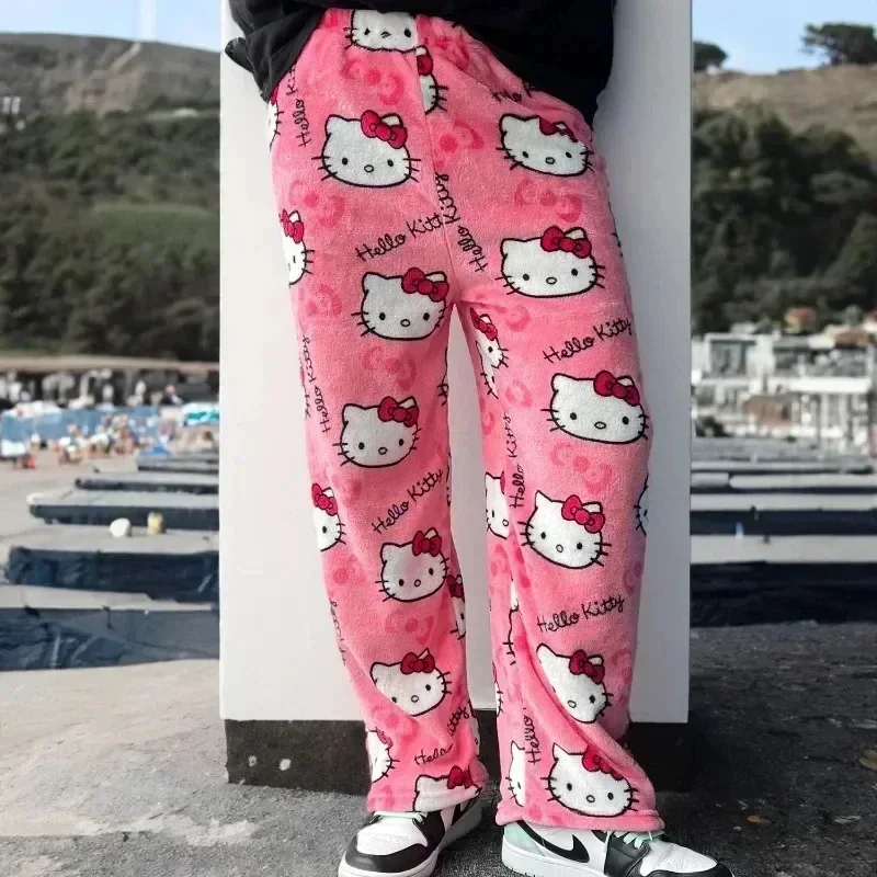 Cadılar bayramı Sanrio Hello Kitty Pijama Pantolon Anime Flanel Rahat Moda Gevşek Pantolon Kadın Kawaii Yün Anime Karikatür Pantolon