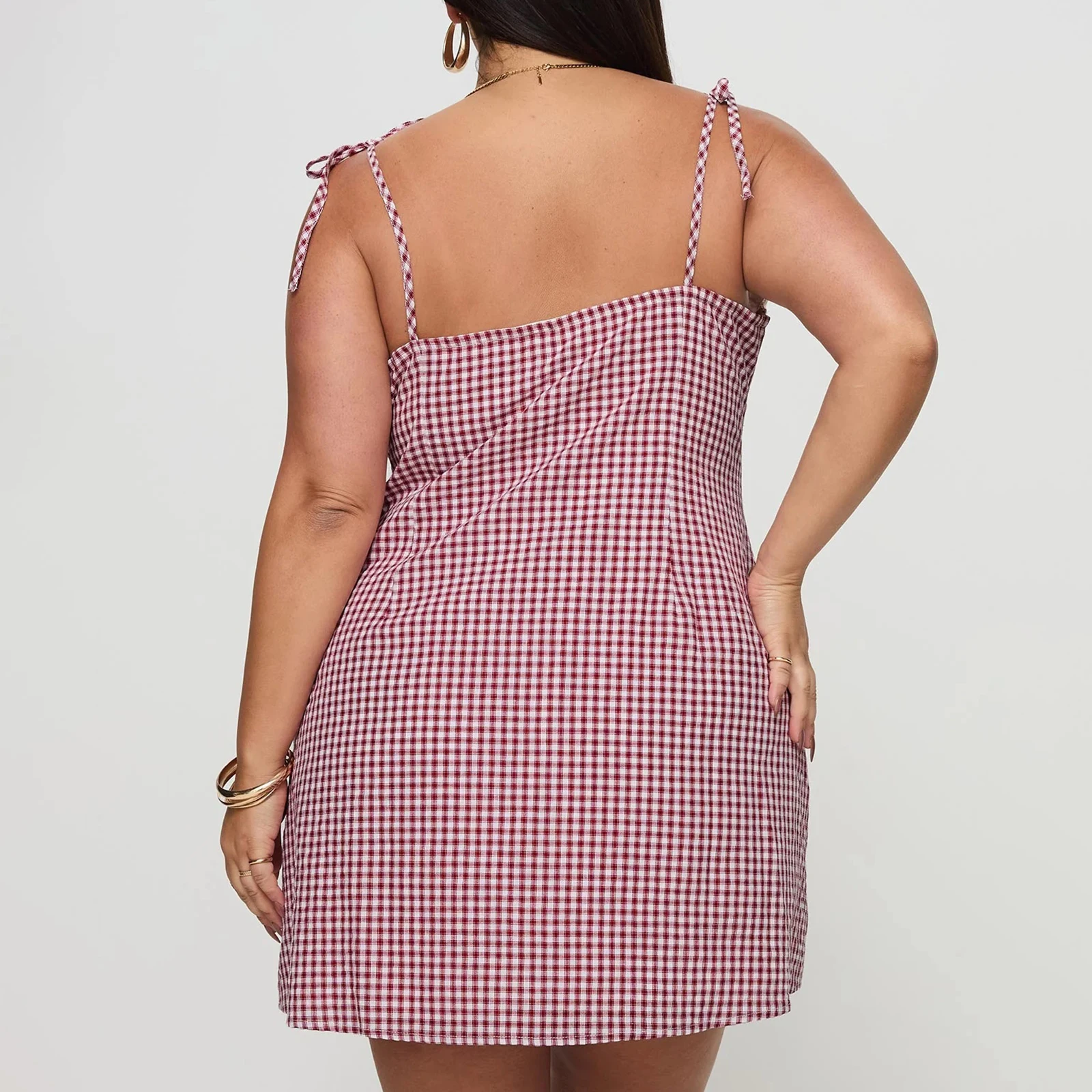 Sexy Women's Plus Size Slip Dresses Fashion Plaid Print Sleeveless Tie-up Spaghetti Strap Backless Slim Mini Oversized Dresses