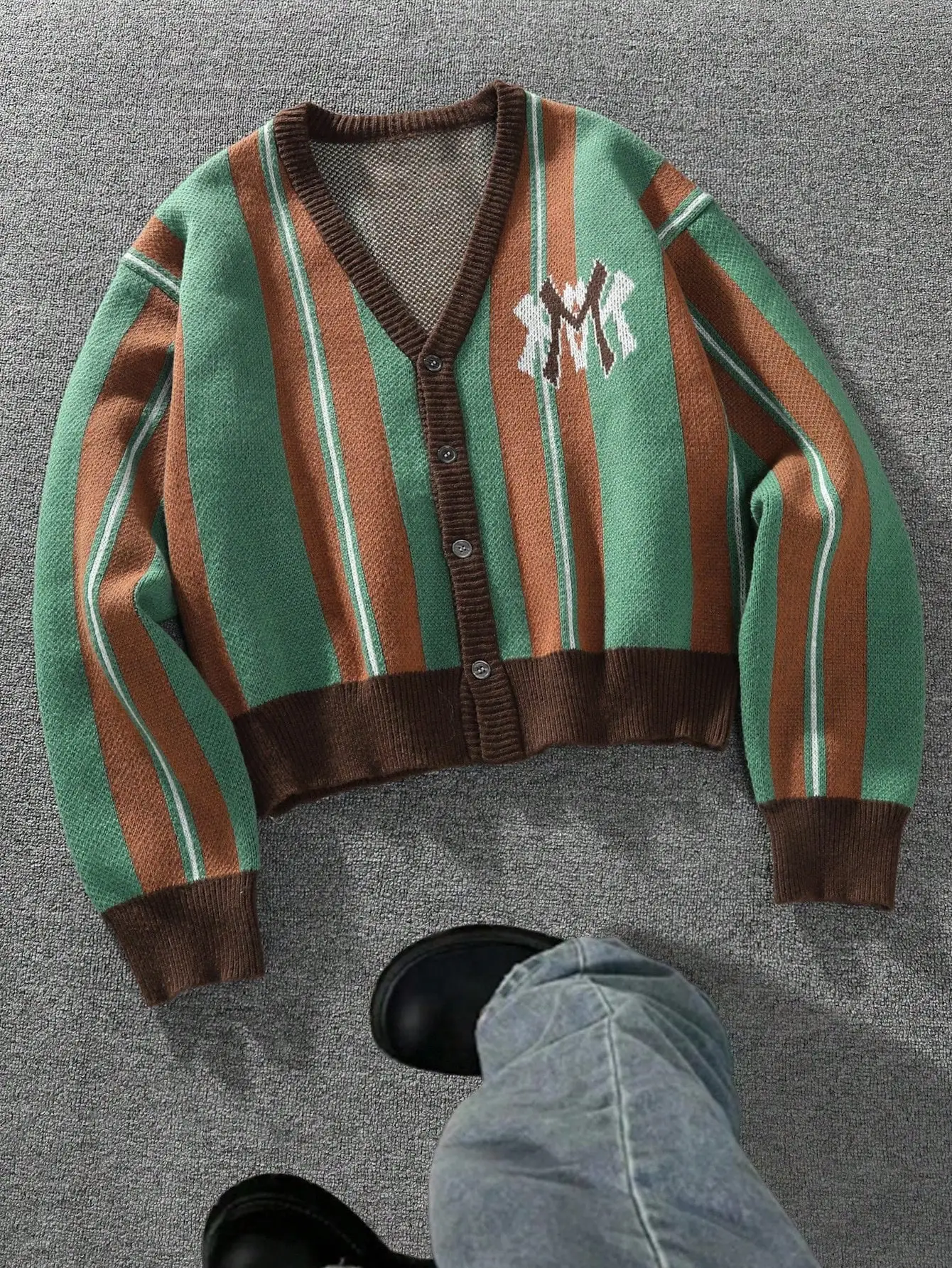 

Men's V-Neck Striped Knit Cardigan with Embroidered Logo, Casual Long Sleeve Top