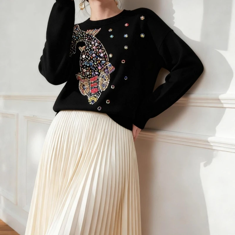 

Вязаный свитер с вышивкой рыбы и блестками для женщин, стильный осенне-осенний пуловер 2025 года, черный трикотажный джемпер