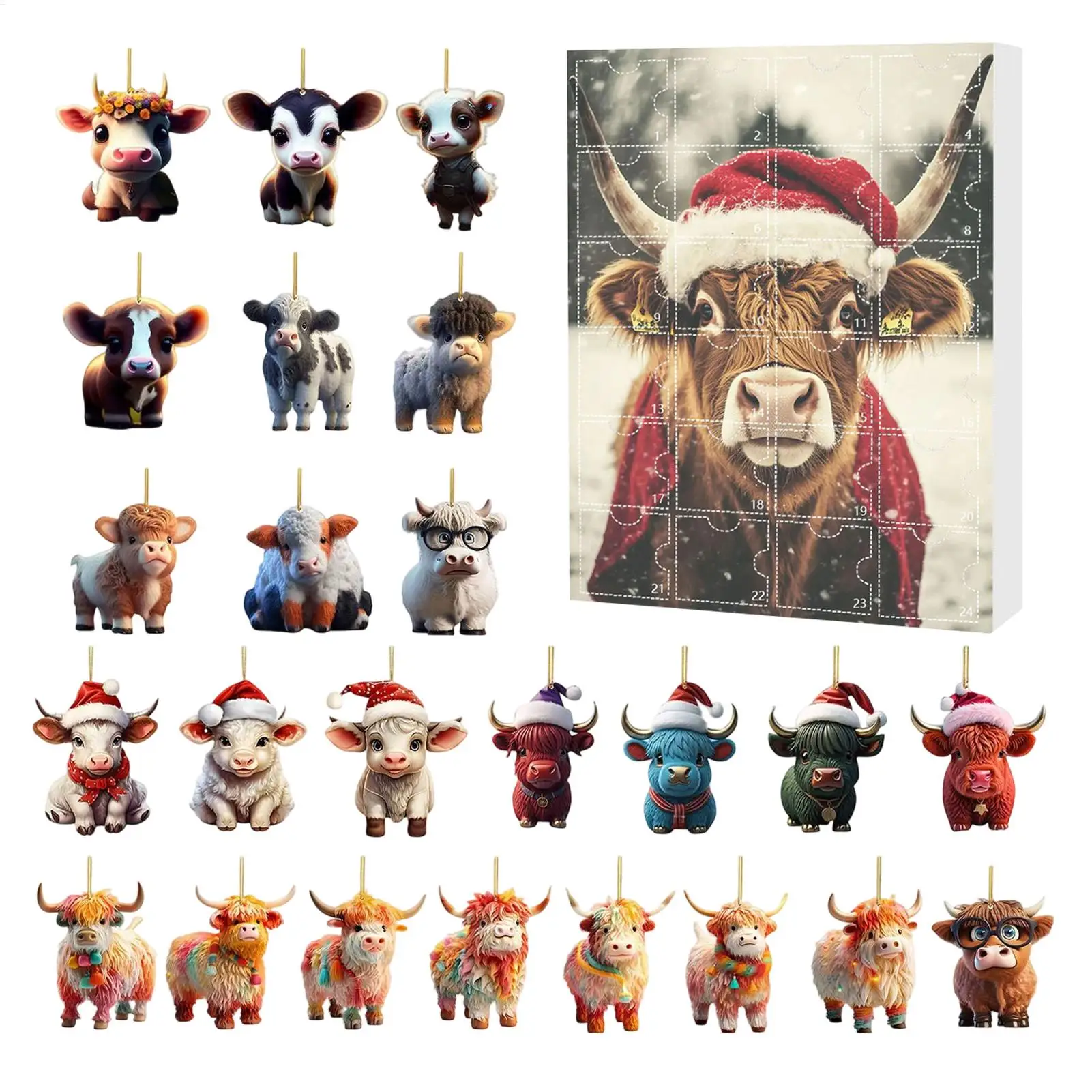

2D Highland Cow Acrylic Ornaments for Window Car Mirror, 24 Pcs Cute Animal Pendants for Kids Christmas Advent Calendar BlindBox