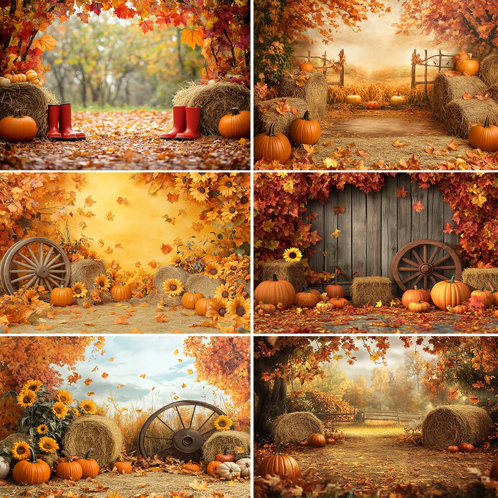 Autumn Backdrop for Photography Hay Pumpkin Maple Forest Family Kid Baby Portrait Thanksgiving Day Decor Background Photo Studio