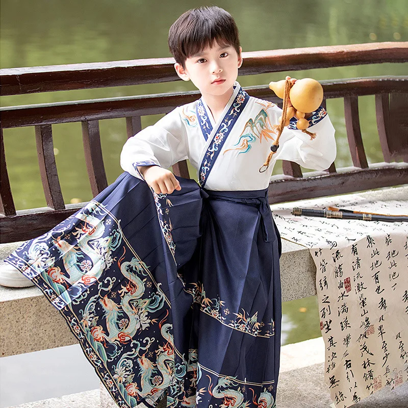 

Ancient Chinese Hanfu Suit Vinatge Kids Traditional Dance Perform Costume Boy Martial Arts Kimono Student Uniform Cosplay