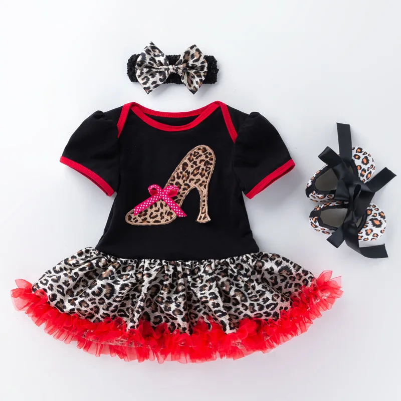 3Pcs Newborn Baby Girl Birthday Clothes Set Short-sleeved Princess Kids Romper Dress Toddler Shoes Headband Children's Clothing