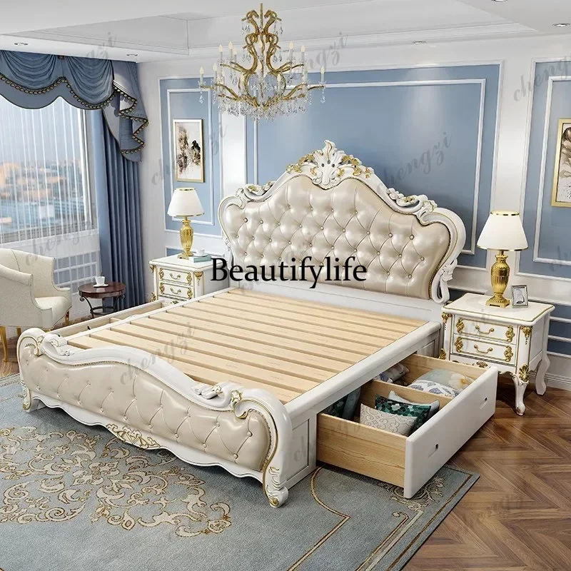 E136 Insert Mattress Set Double Bed White Oak Wooden Adults Bedroom Double Bed Storage Luxury Modern Camas De Dormitorio