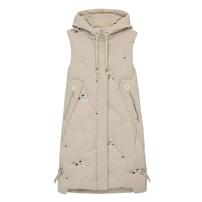 Winter Women Warm Vest Embroidered Long Hooded Oversize Outerwear Thicke Cotton Waistcoat Female Sleeveless Jacket Vest Coat 5XL