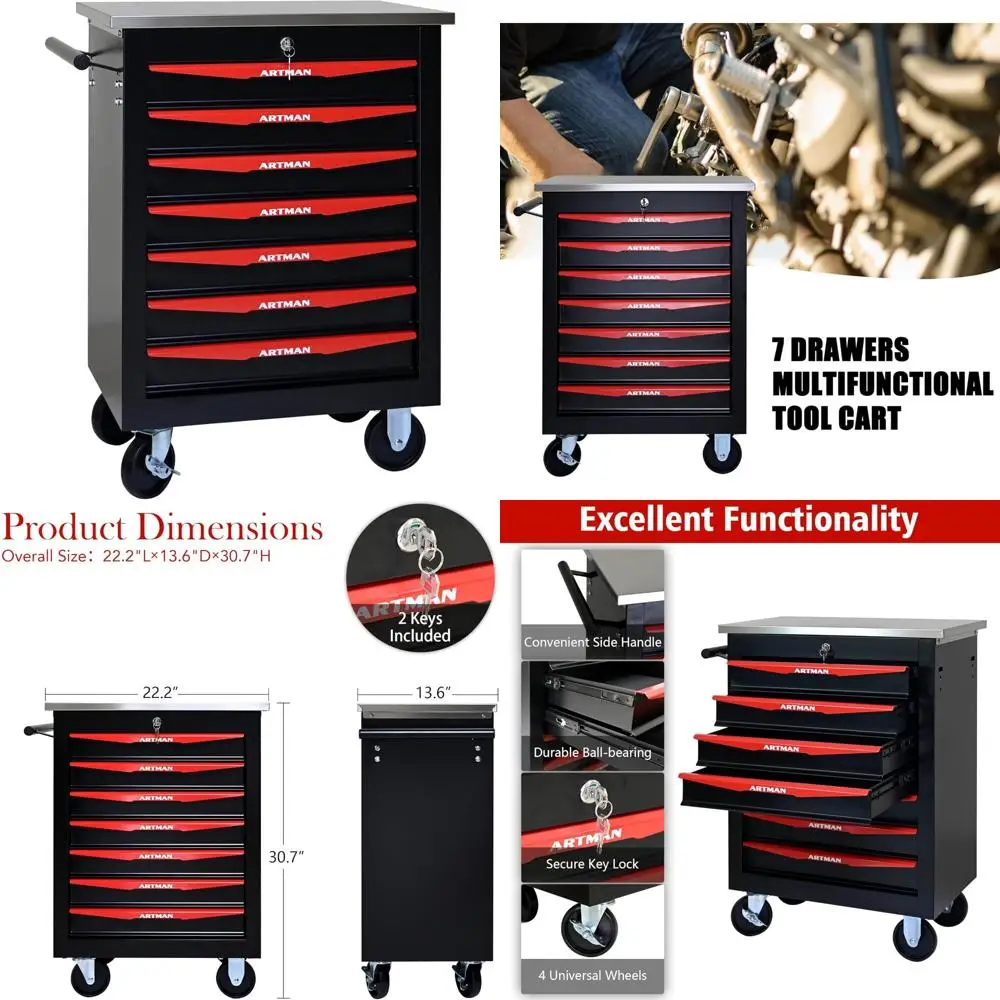 Multifunctional Rolling Tool Storage Chest with 7 Drawers for Garage, Heavy Duty Trolley Organizer Toolbox on Wheels