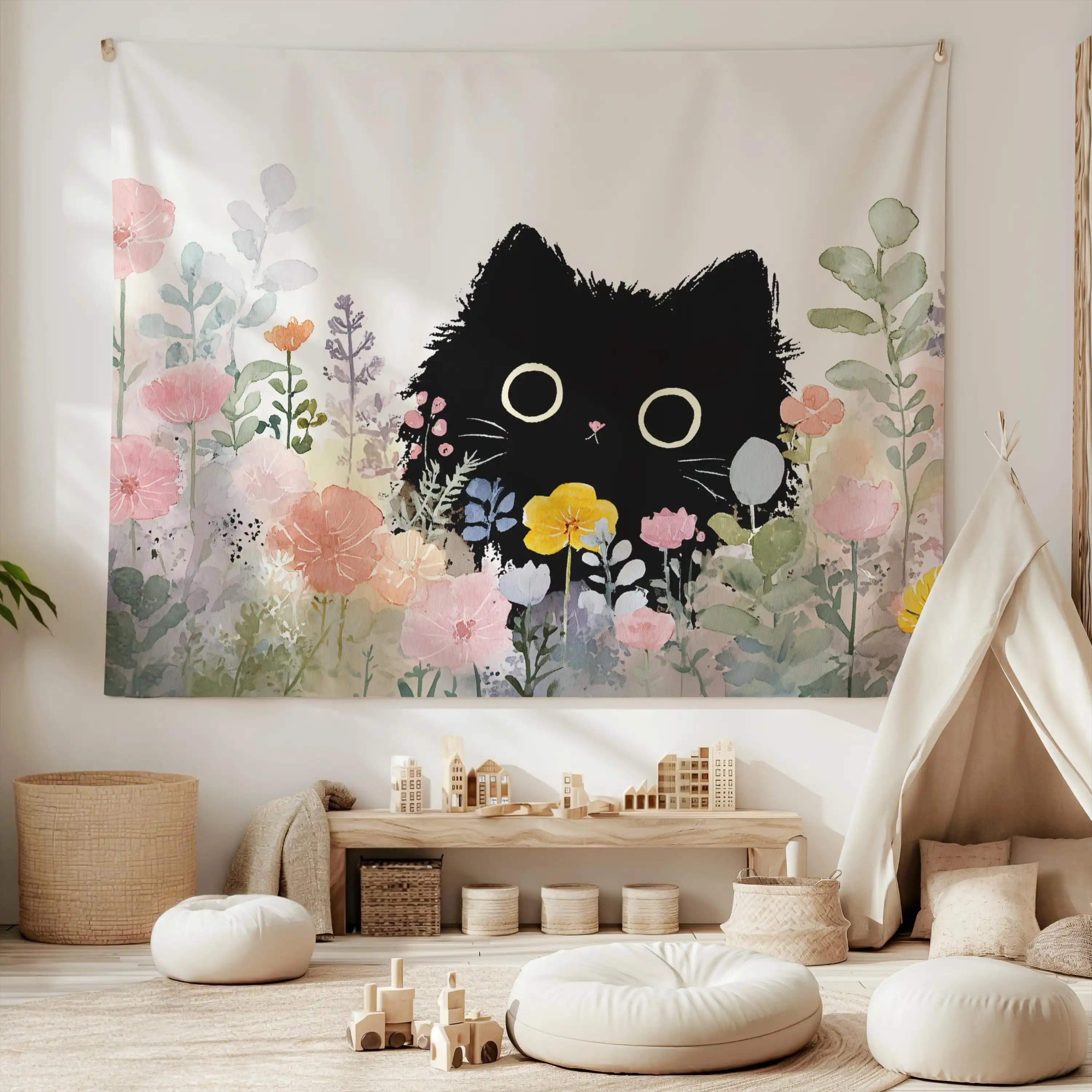 VIKAMA Healing Watercolor Black Cat Tapestry Soft Cute Ins Wind Background Cloth Living Room Decoration Room Decoration