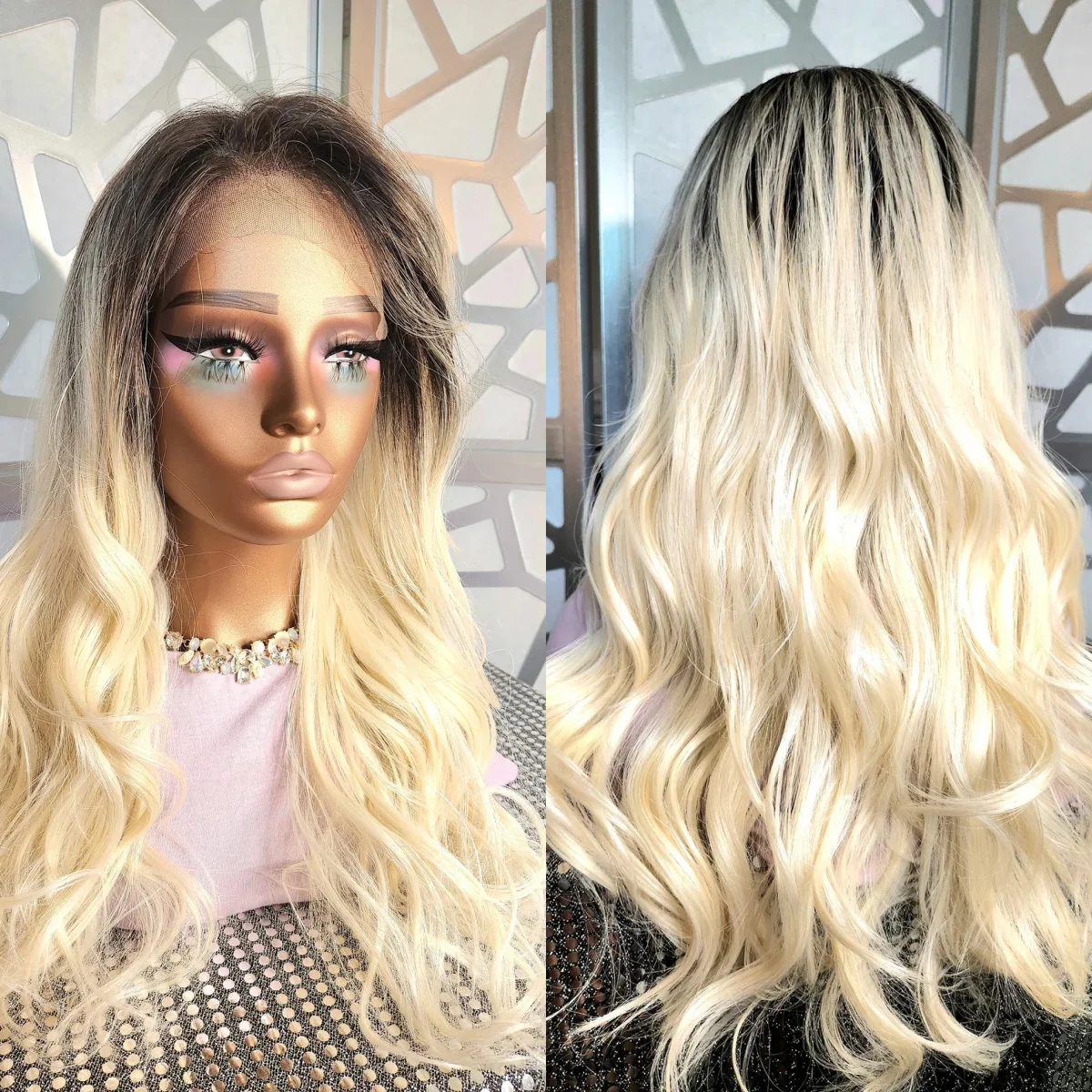 

Белый блондин, длинный объемный парик с темными корнями, синтетические кружевные фронтальные парики высокого качества с текстурой для женщин