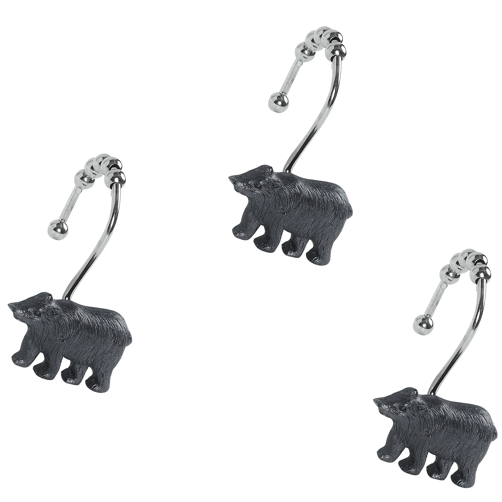 Black Bear Decoratived Cute Shower Curtain Hooks,Lovely Animal Roller Ring Balls Hooks for Bathroom Curtains,Set of 12