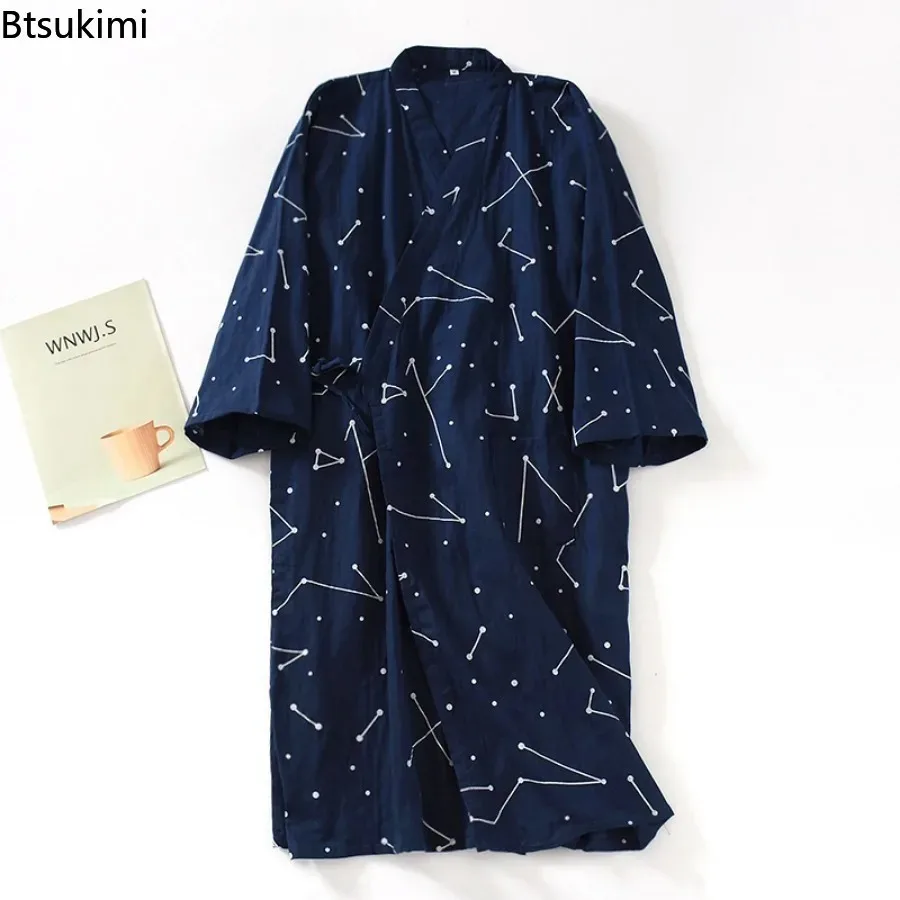 

2026 New Men's 100% Cotton Gauze Bath Robes Loose Thin Japanese Kimono Pajamas for Men Casual Lace Up Bathrobes V-Neck Nightgown