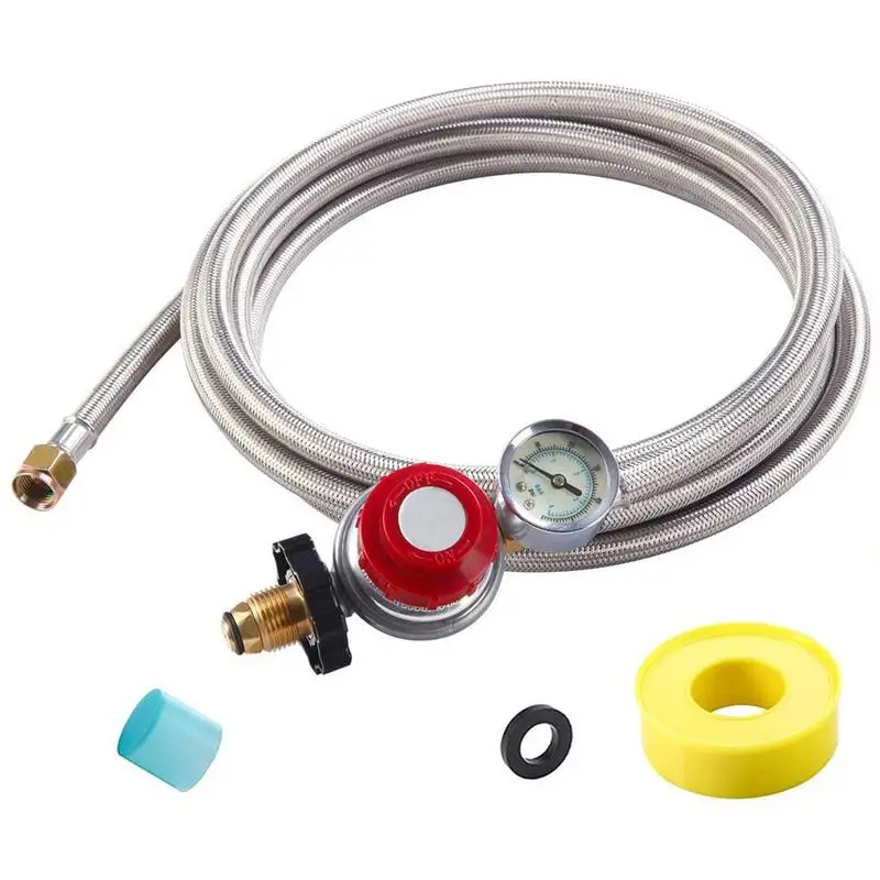 

12 Feet 0-30 PSI High Pressure Adjustable Propane Regulator With Gauge 0-60PSI Gas Floww Indicator Female Flare Fitting BBQ Hose