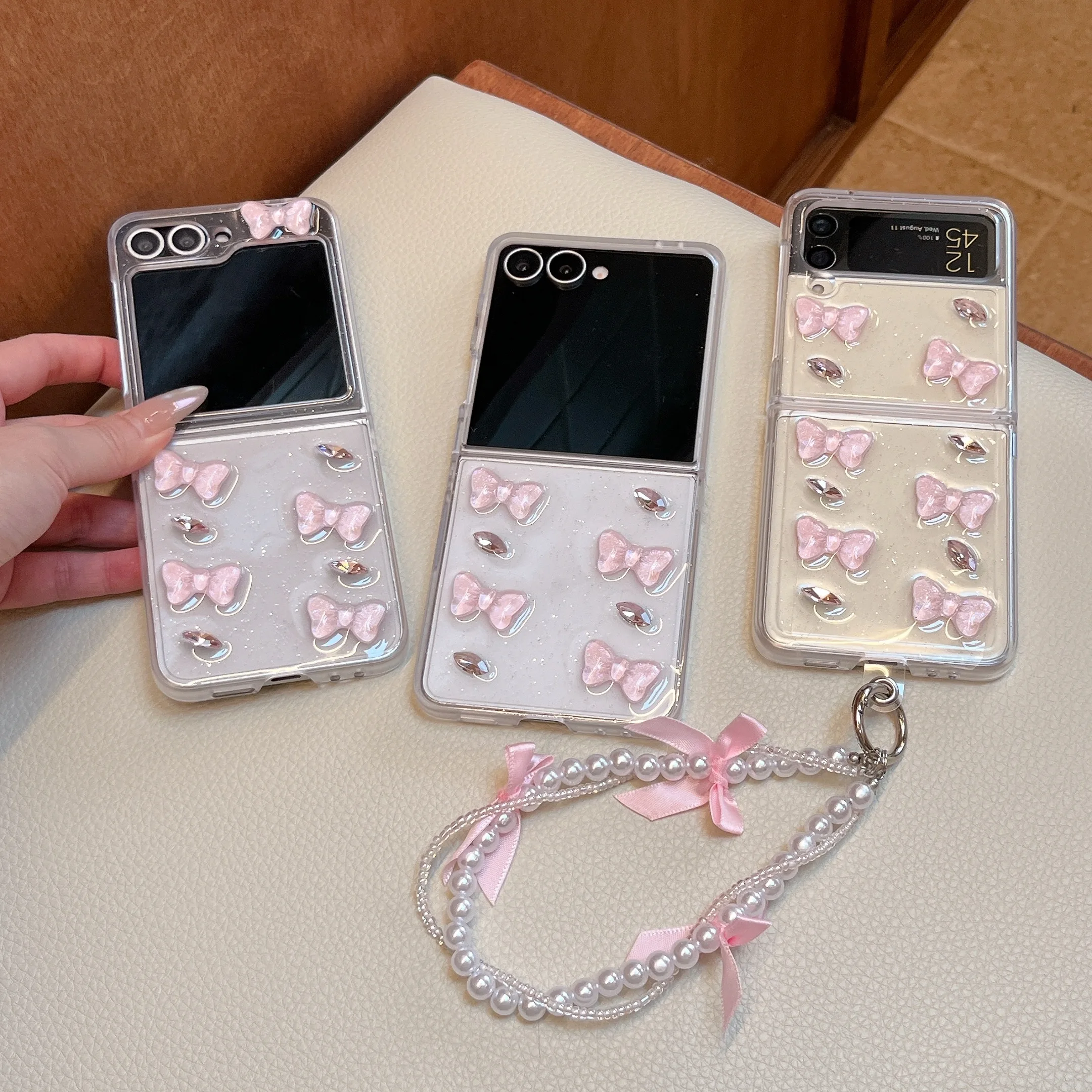 Back Cover For Samsung Galaxy Z Flip 8 7 6 5 4 Case Drip Glue Diamond Pink Bow Wristband Chain Shockproof Phone Case