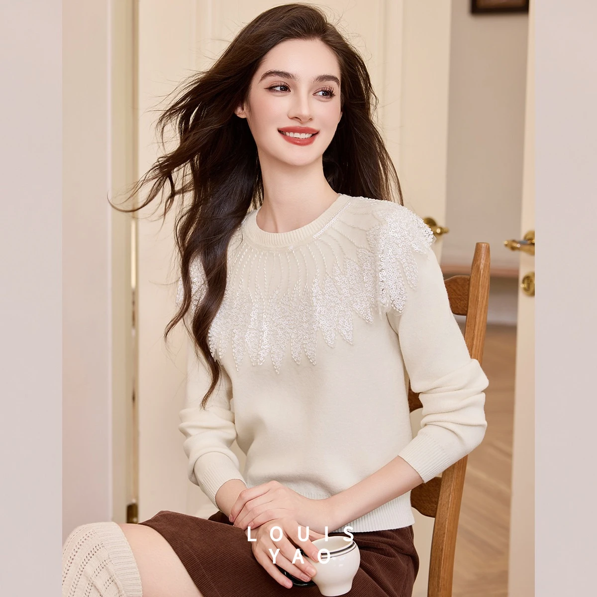 

LOUISYAO Beaded Lace Sweaters 2025 Autumn/Winter Tops Advanced Slightly Stretchable Knit Pullovers Ofice Lady Women's Knitwear