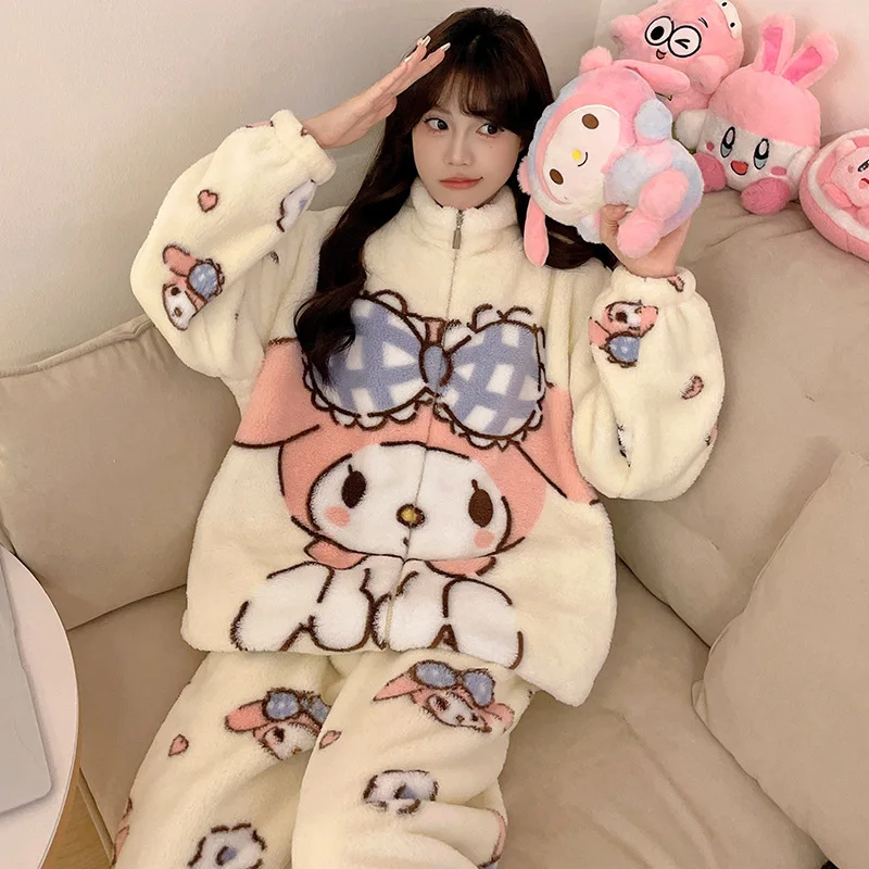 New Sanrio Hello Kitty My Melody Kuromi Hangyodon Personalized Creative Velvet Thickened Pajamas Christmas Gift Loose Set