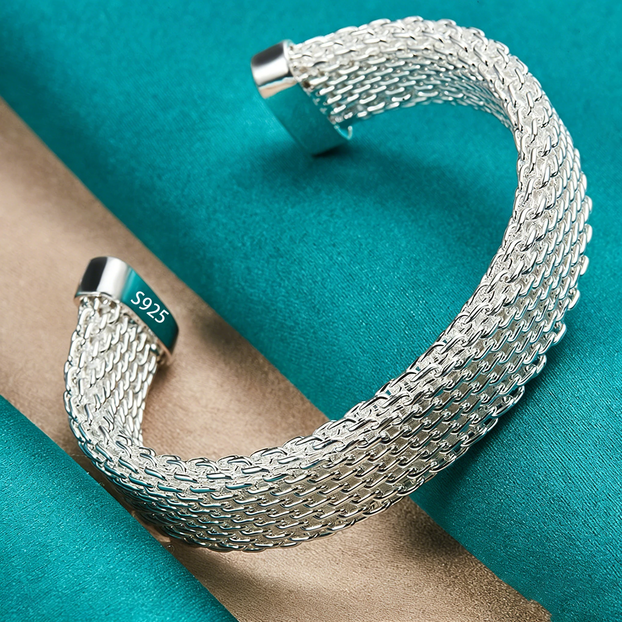 

PANJBJ 925 Sterling Silver Retro Bracelet for Women Men Vintage Handmade Web Shape Simple Bracelet Birthday Gift Wholesale